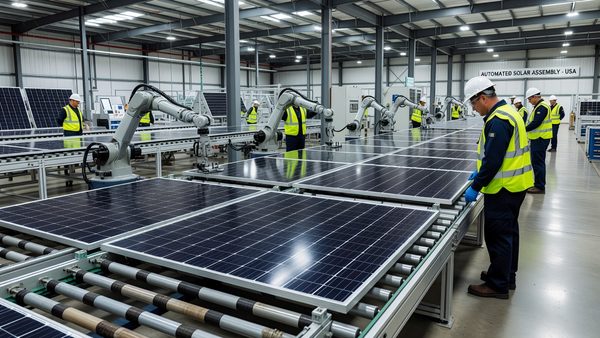 Rows of solar modules moving down an automated assembly line inside a manufacturing facility