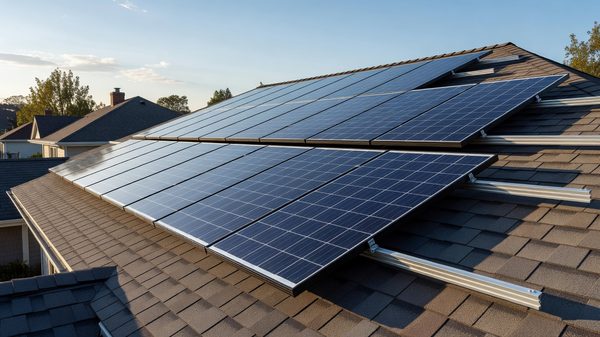 Rows of residential solar modules on a suburban rooftop with mounting rails visible