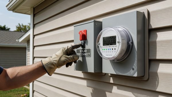 Utility meter and electrical panel on a residential exterior wall with a newly installed solar disconnect switch