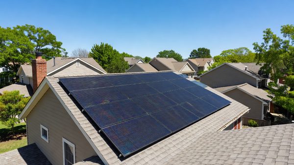 Residential rooftop solar panel array installed on suburban home under clear sky