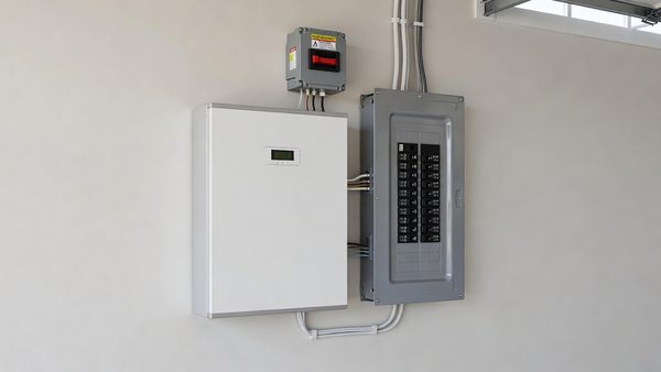 Residential solar battery storage unit mounted on a garage wall next to an electrical panel