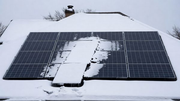Snow-covered residential rooftop solar array with partial snow slide visible on lower module rows