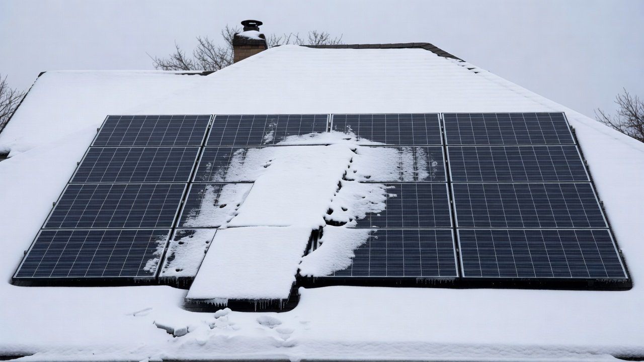 Snow-covered residential rooftop solar array with partial snow slide visible on lower module rows
