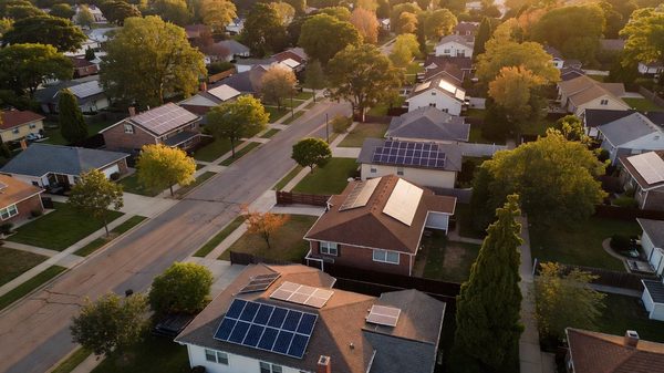 Sunlit residential neighborhood with solar panels visible on multiple rooftops, warm afternoon light, aerial view
