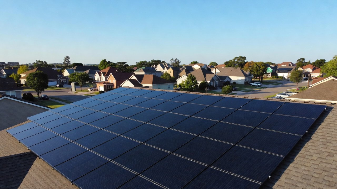 Rooftop solar panels on a suburban home with blue sky background