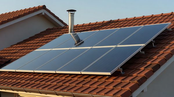 Flat-plate solar thermal collectors mounted on a residential roof beside a storage tank vent