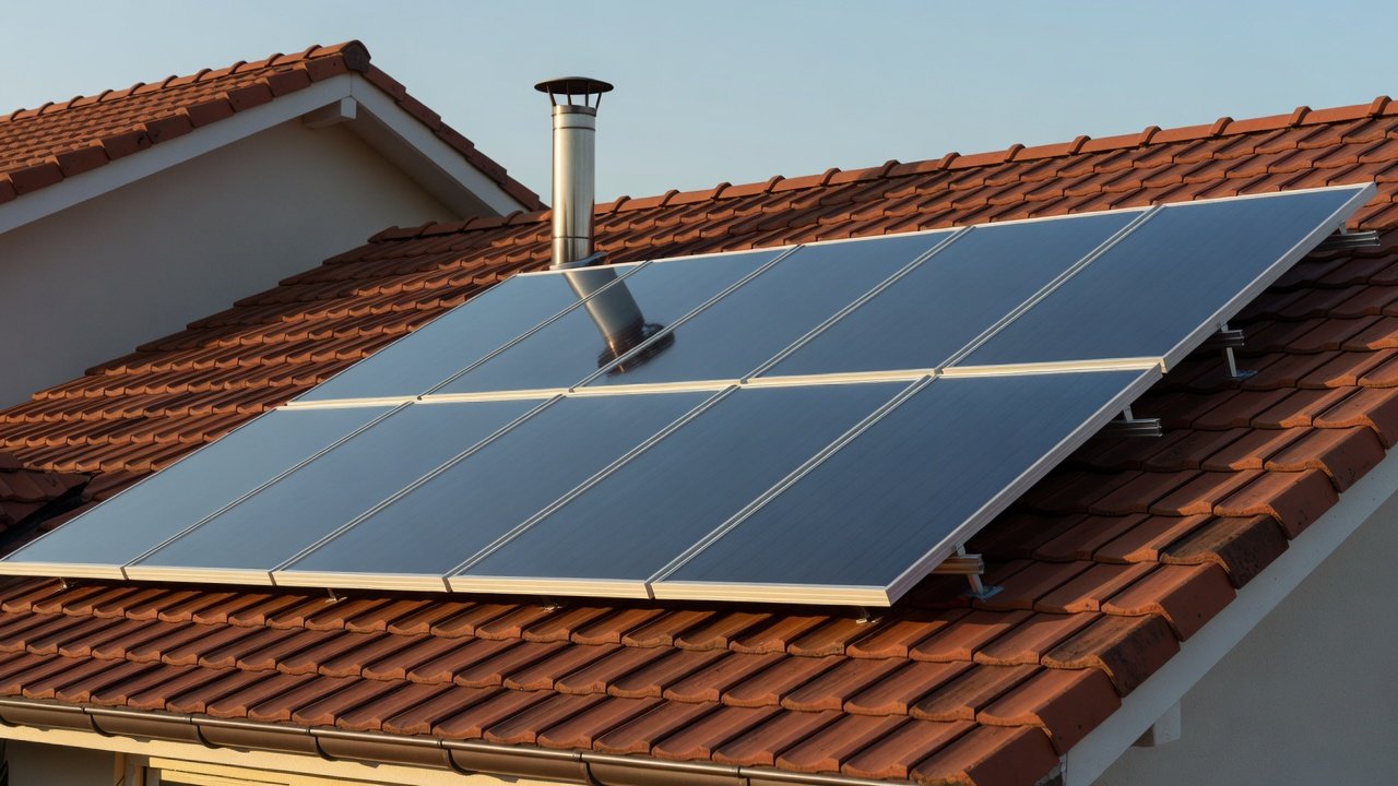 Flat-plate solar thermal collectors mounted on a residential roof beside a storage tank vent